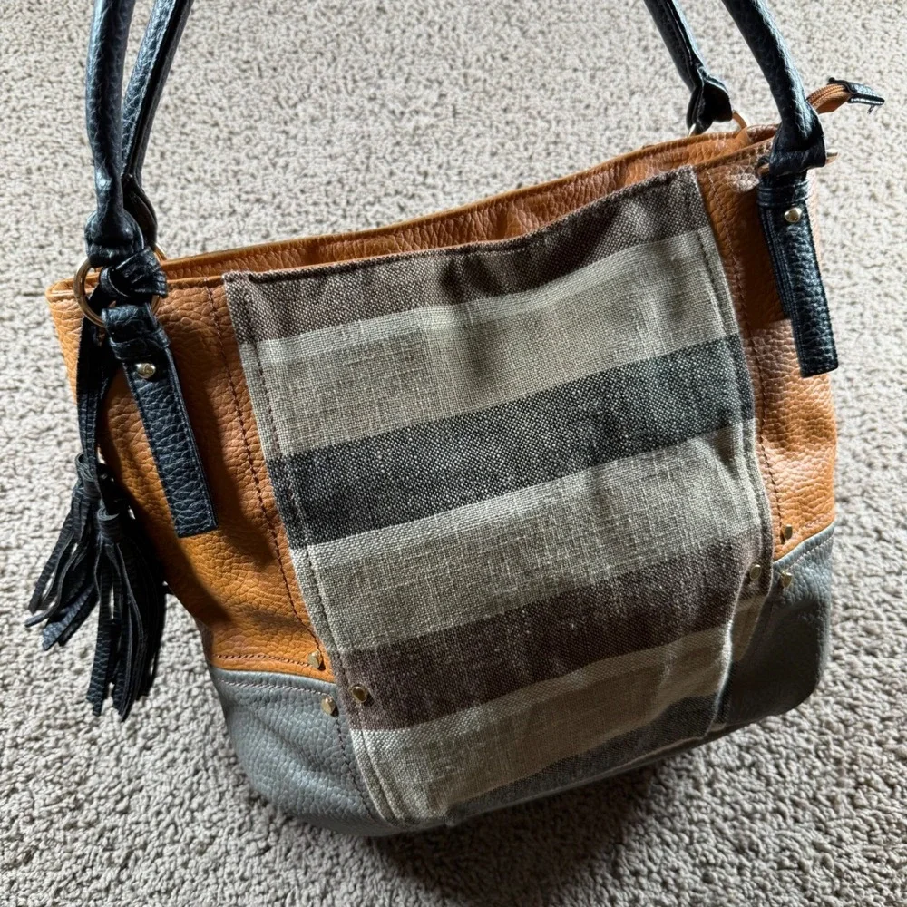 Hobo purse Shoulder Bag Tan Brown Stripe Tassel tote preppy chic everyday boho‎